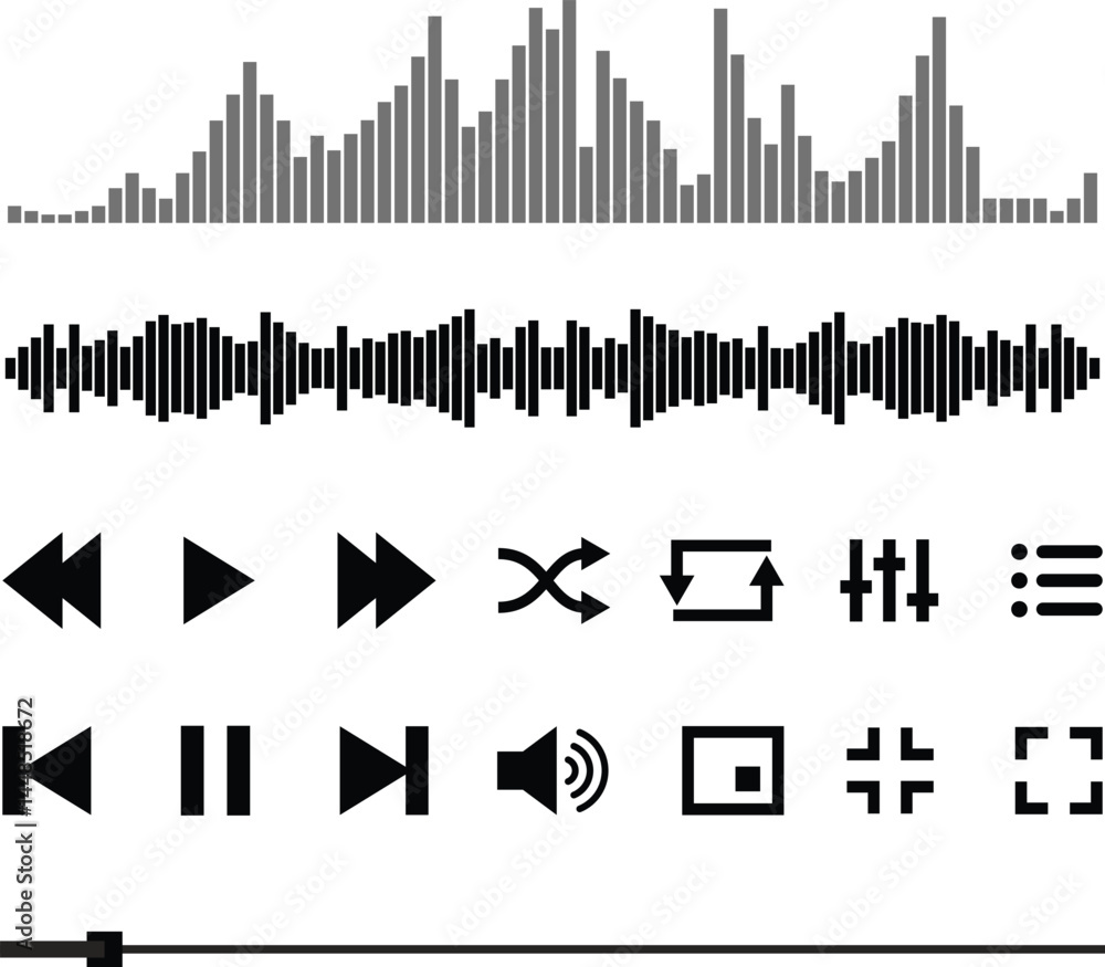 Audio and Video Playback Control Icons Set | Music Sound Waves, Player Controls, and Media Design Elements for User Interface, Mobile Apps and Website Templates Audio and Video Playback Control Icons Set | Music Sound Waves, Player Controls, and Media Design Elements for User Interface, Mobile Apps and Website Templates