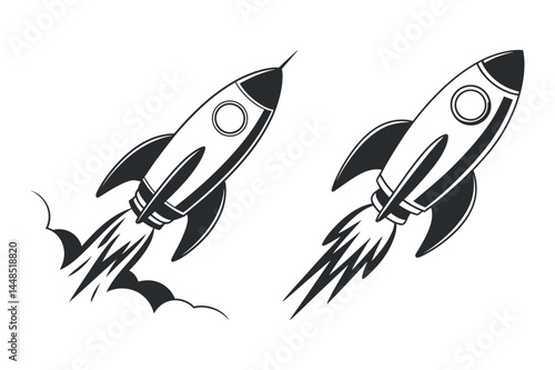 Rocket launch vector illustration, black silhouette of a rocket with flames for space exploration, technology, and innovation