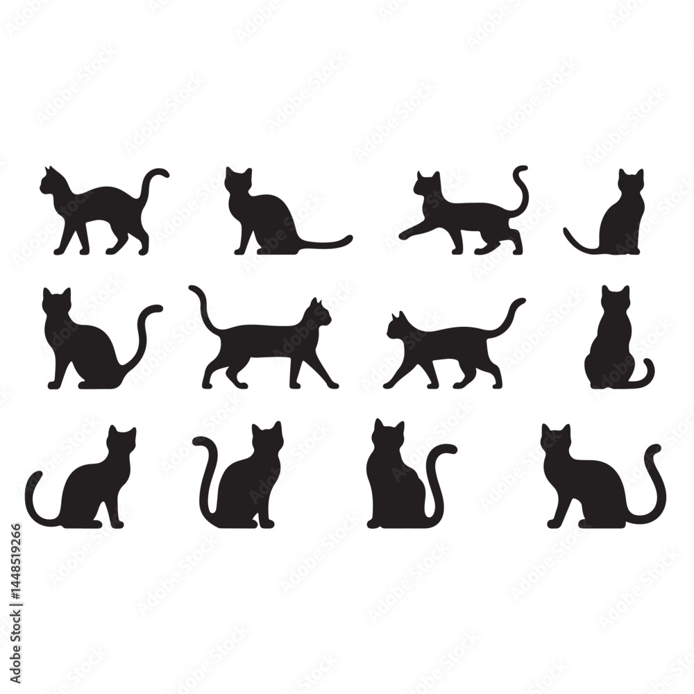 Collection of black cat silhouettes in various poses Collection of black cat silhouettes in various poses