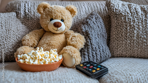 Cozy Movie Night: Teddy Bear, Popcorn, and a Relaxing Evening at Home