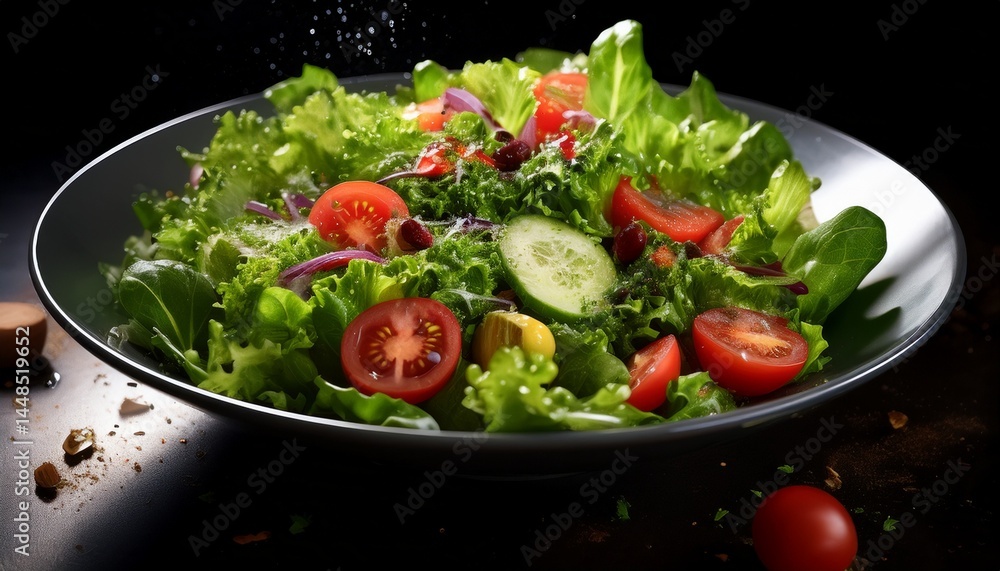 Ensalada fresca de lechuga tomate y cebolla con pepino. Lechuga mojada recién lavada. Ensalada fresca de lechuga tomate y cebolla con pepino. Lechuga mojada recién lavada.
