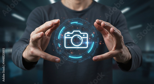 A person holding a digital camera icon with glowing blue circle and particles in their outstretched hands