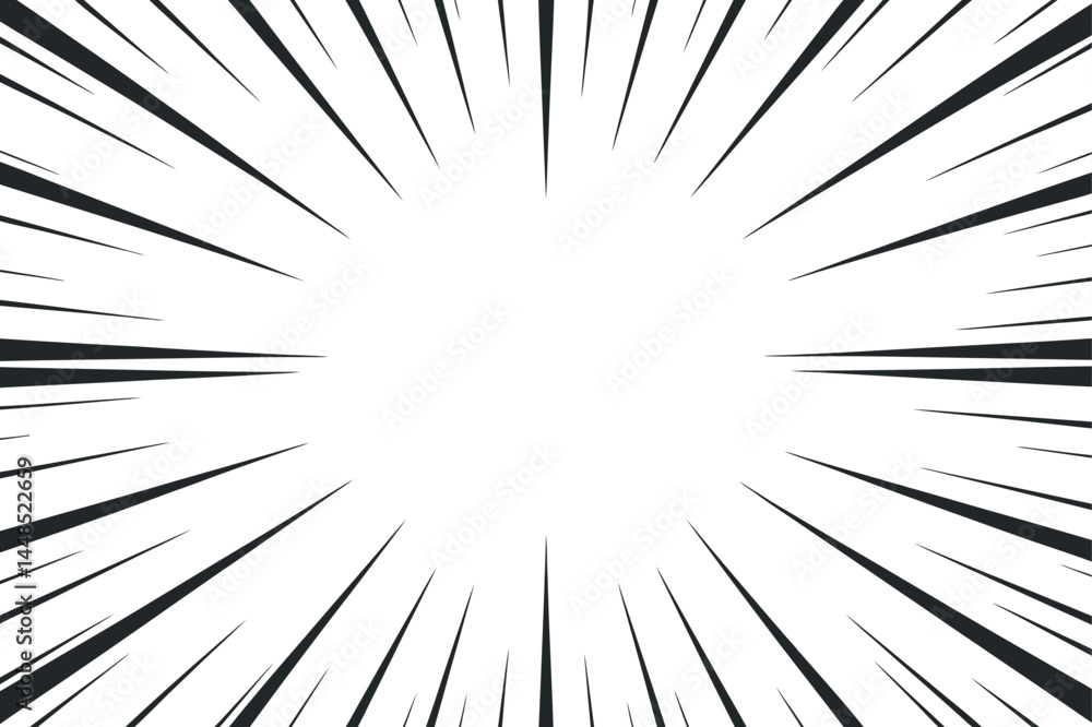 Naklejka premium Dynamic comic explosion burst, black lines radiating from center, action effects illustration on white background