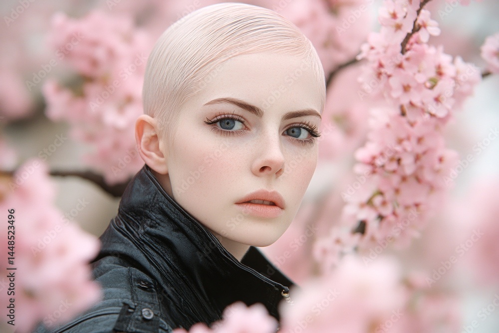 Commercial promotion idea. Stunning caucasian young woman surrounded by cherry blossoms. Spring mood, golden sunrise and fog. Woman in vibrant cherry blossom grove. Bright woman in floral park.