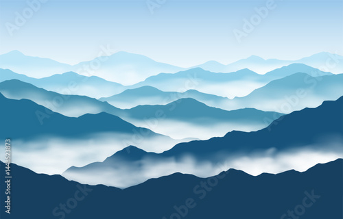Vector panoramic landscape with blue misty silhouettes of mountains and clear sky	