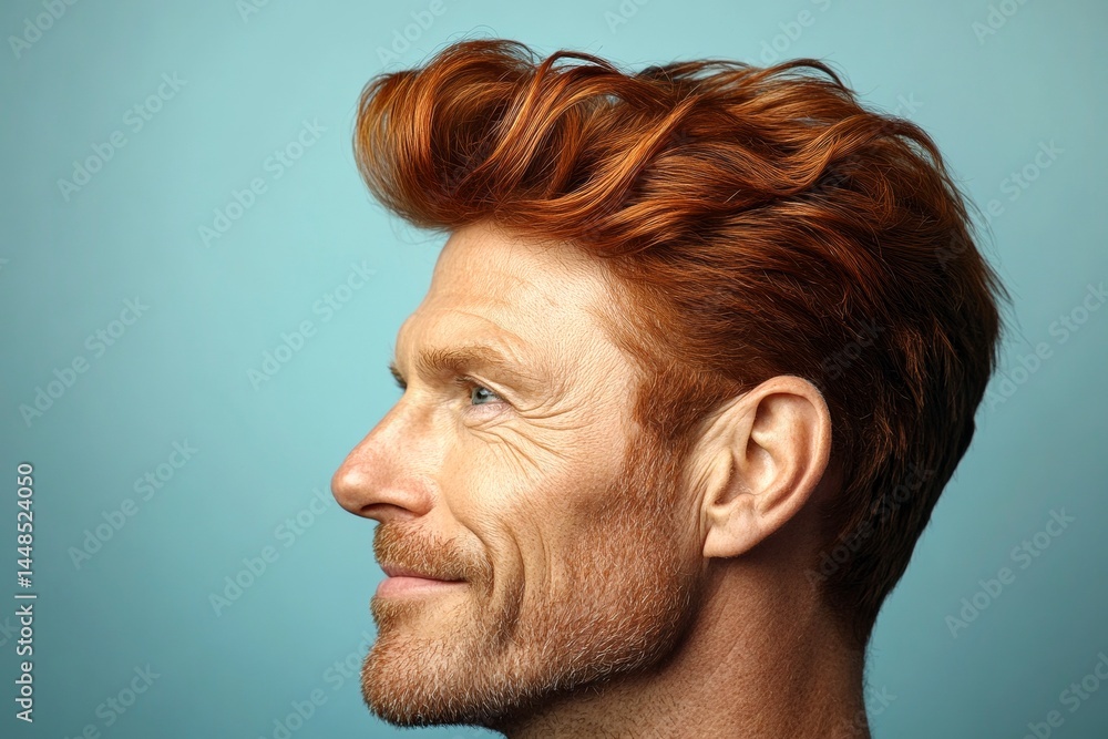 Blue solid background. A trendy man showcasing a fashionable hairstyle. Trendy men's high and tight haircut - midlife white man with red hair. Conceptual art of style for aging men.