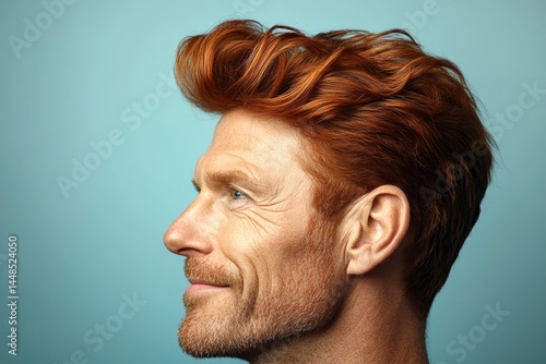 Obraz na płótnie Blue solid background. A trendy man showcasing a fashionable hairstyle. Trendy men's high and tight haircut - midlife white man with red hair. Conceptual art of style for aging men. w salonie