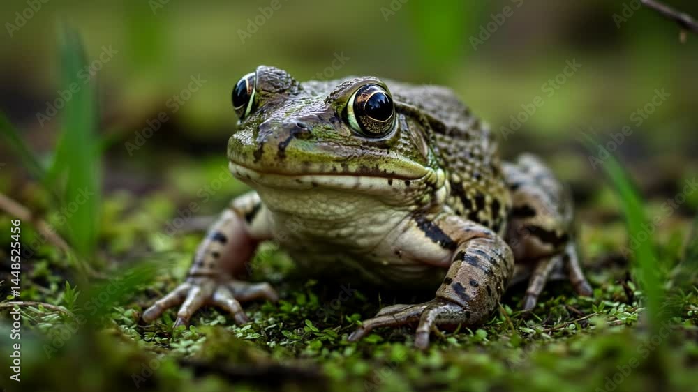 Close-up of a frog resting on a mossy background Close-up of a frog resting on a mossy background