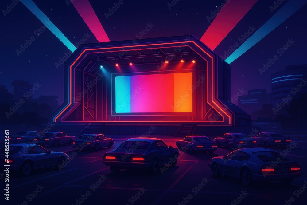 Futuristic Drive-In Theater Scene with Neon Lights and Cars