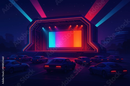 Obraz na płótnie Futuristic Drive-In Theater Scene with Neon Lights and Cars w salonie