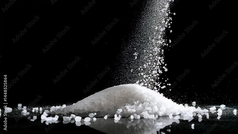 Close-up shot of pouring salt onto a pile of salt, with a deep black background