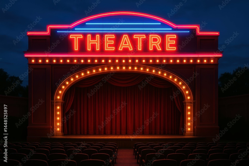 Bright Neon Theatre Sign with Extravagant Stage Backdrop at Night