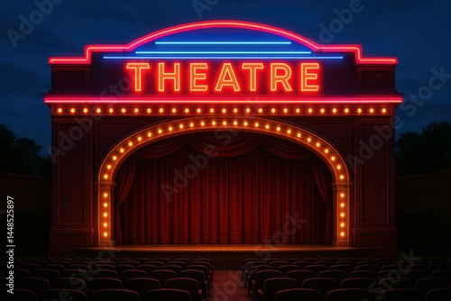 Obraz na płótnie Bright Neon Theatre Sign with Extravagant Stage Backdrop at Night w salonie