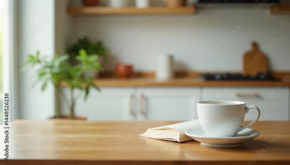 Coffee table in kitchen with coffee cups and book, blurred background, empty space on the table , dining table, coffee cup, book reading Coffee table in kitchen with coffee cups and book, blurred background, empty space on the table , dining table, coffee cup, book reading