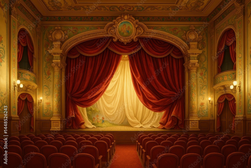 Ornate Theater Interior with Rich Curtains and Warm Lighting