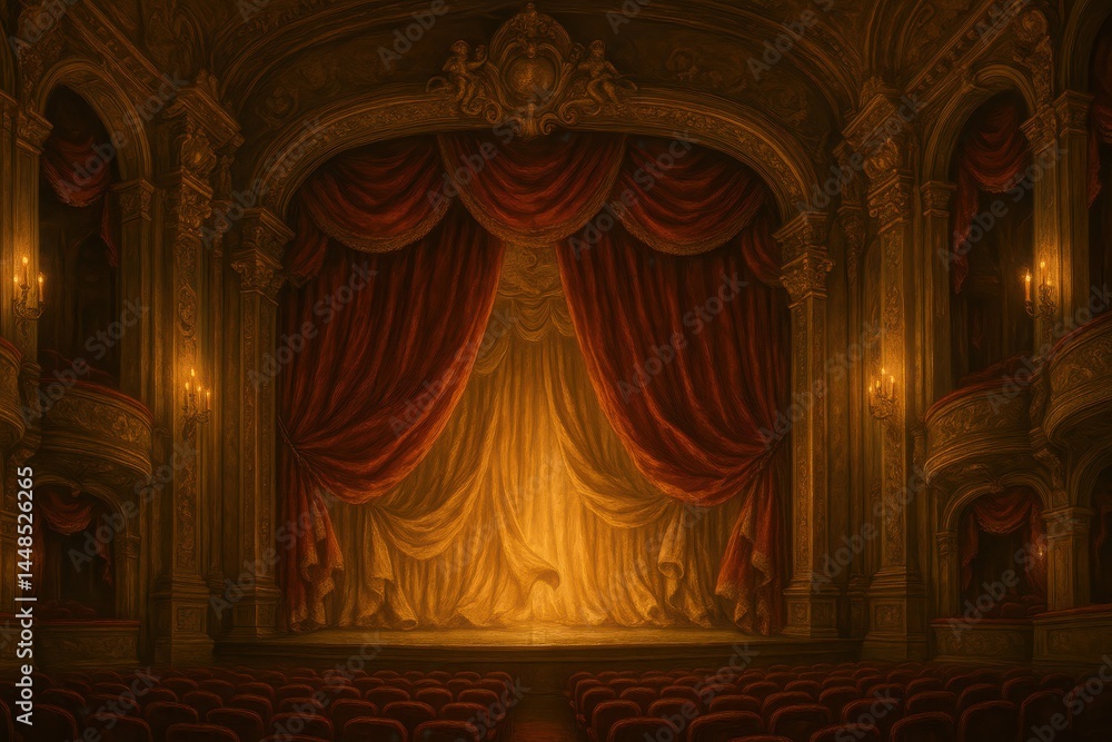 Ornate Theater Stage with Elegant Red Drapes Ready for Performance