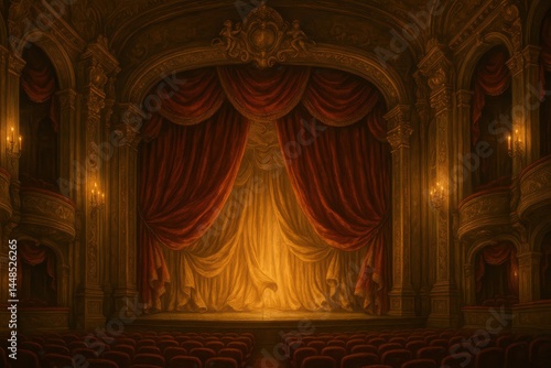 Ornate Theater Stage with Elegant Red Drapes Ready for Performance