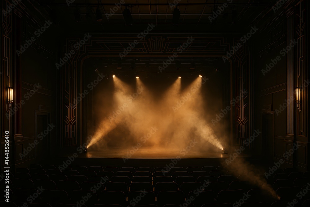 Elegant Art Deco Theater Stage with Dramatic Lighting Effects