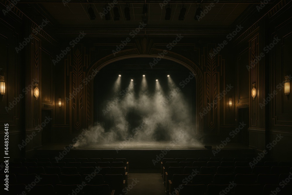 Elegant Art Deco Theater Stage with Atmospheric Smoke Effect