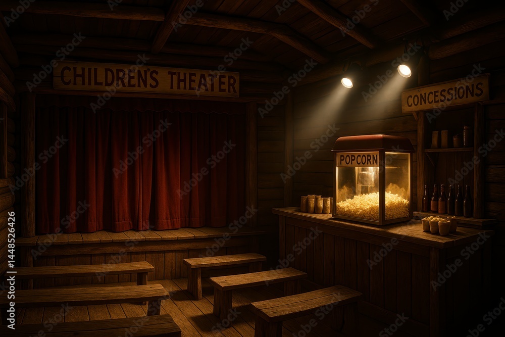 Rustic Children's Theater Interior with Popcorn Stand and Seating