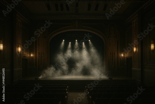 Elegant Art Deco Theater Stage with Atmospheric Smoke Effect