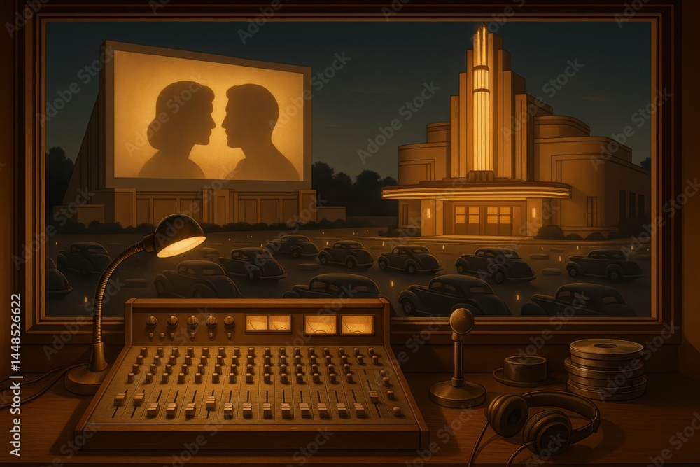 Retro Art Deco Scene with Vintage Cinema and Control Desk