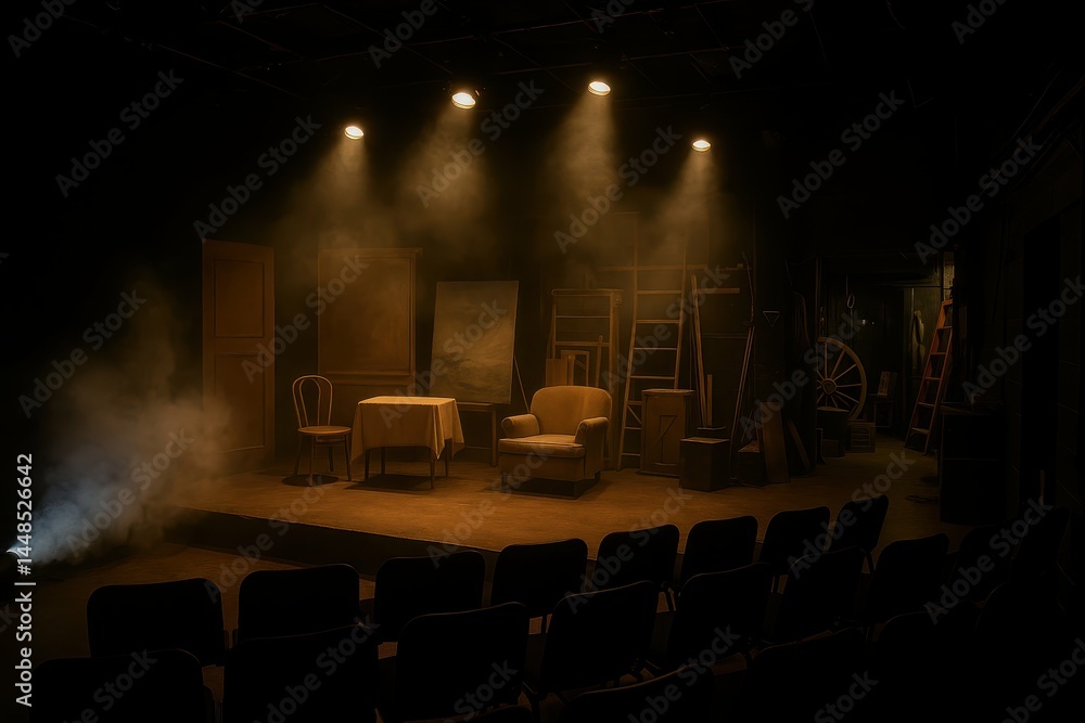 Dramatic Backstage Theater Setup with Atmospheric Lighting Effects