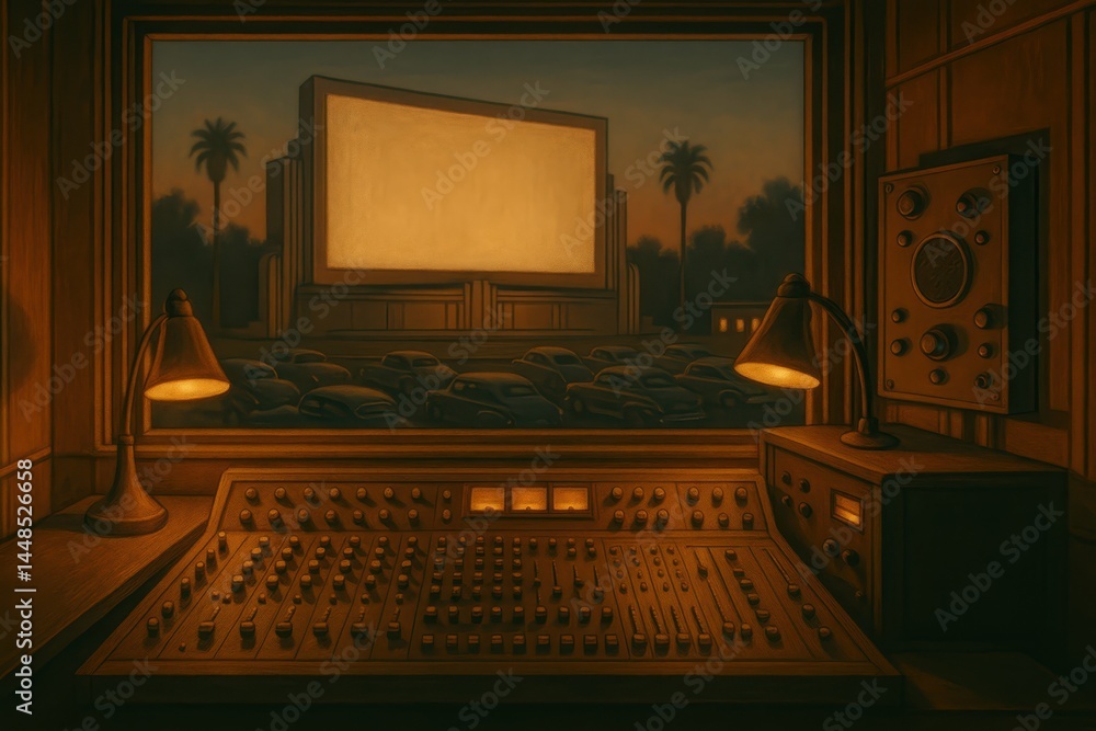 Vintage Art Deco Style Cinema Control Room at Sunset with Palms