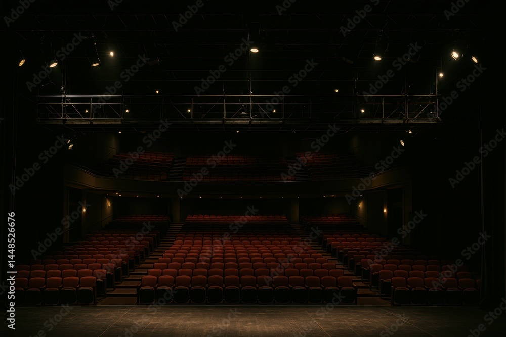Dimmed Theater with Empty Seats and Catwalk Lighting Setup