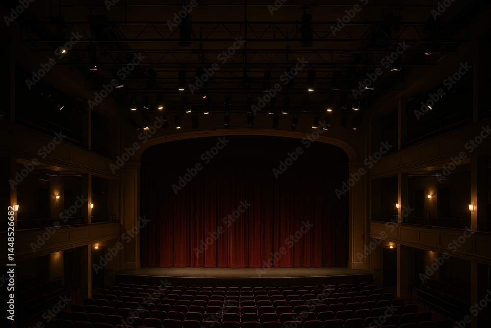 Dimmed Theater with Red Curtains and Empty Seating Arrangement