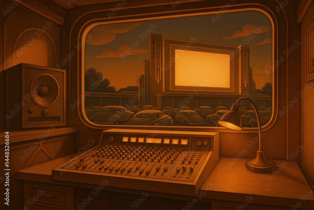 Nostalgic Art Deco Scene of Drive-In Cinema with Control Room Interior