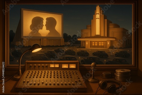 Obraz na płótnie Retro Art Deco Scene with Vintage Cinema and Control Desk w salonie
