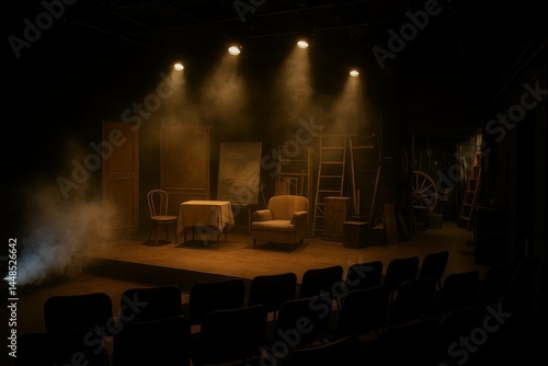 Obraz na płótnie Dramatic Backstage Theater Setup with Atmospheric Lighting Effects w salonie