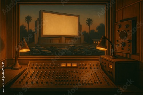 Obraz na płótnie Vintage Art Deco Style Cinema Control Room at Sunset with Palms w salonie