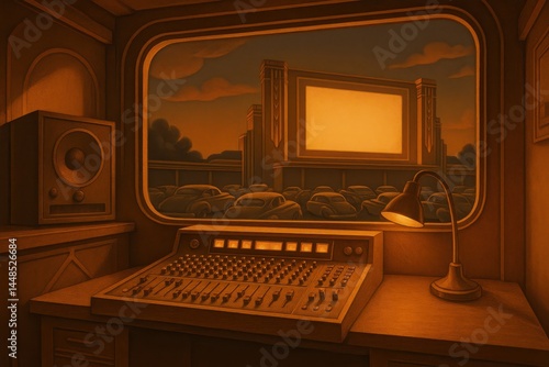 Obraz na płótnie Nostalgic Art Deco Scene of Drive-In Cinema with Control Room Interior w salonie