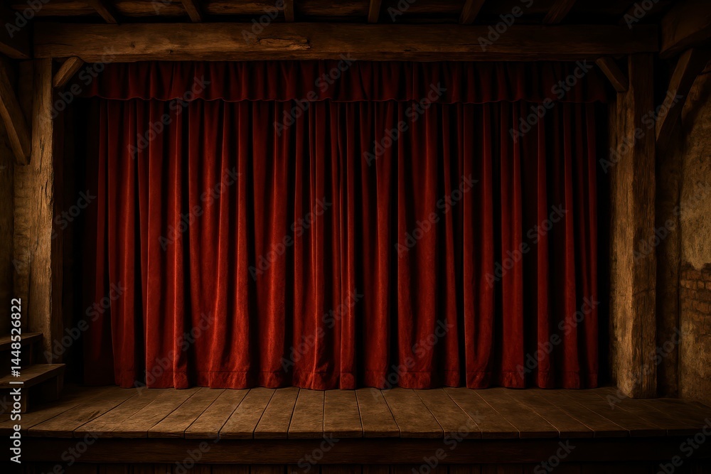 Rustic Stage Setting with Red Curtain in a Simple Design