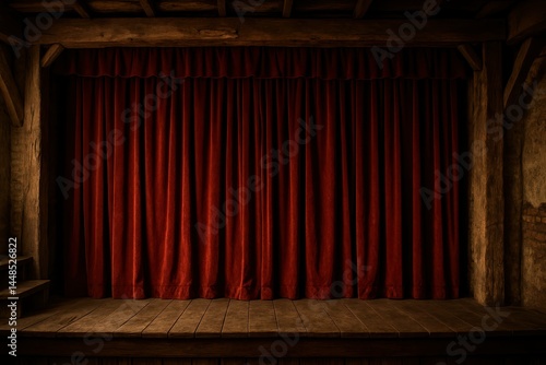 Obraz na płótnie Rustic Stage Setting with Red Curtain in a Simple Design w salonie