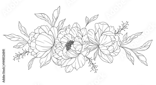 Peony Line Art. Trendy floral peony bouquets and flowers. Botanical Line Drawing Peony Collection. Hand drawn line art peony flowers. Luxury Line Floral Art. Peony Outline