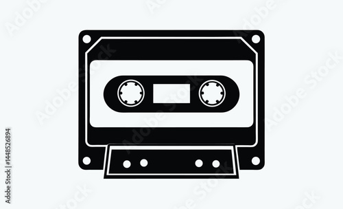 Cassette tape silhouette, retro audio icon, vintage music media, black tape illustration, old school cassette design
