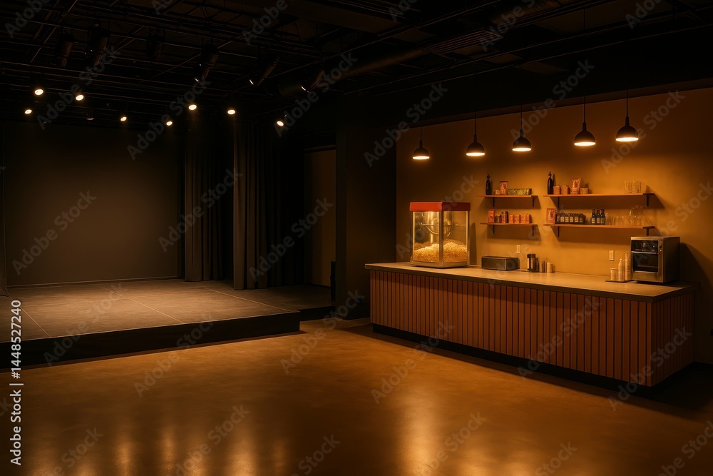 Modern Stage with Concessions Stand in a Simple Setting