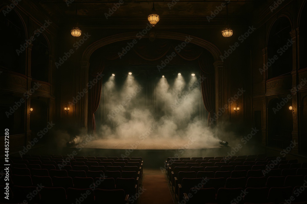 Vintage Theater Stage with Fog and Dramatic Lighting Atmosphere
