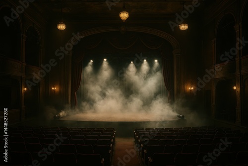 Obraz na płótnie Vintage Theater Stage with Fog and Dramatic Lighting Atmosphere w salonie