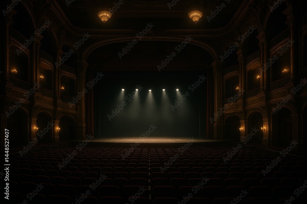 Dimmed Palace Auditorium with Stage Lights and Elegant Seating