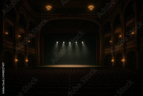 Obraz na płótnie Dimmed Palace Auditorium with Stage Lights and Elegant Seating w salonie