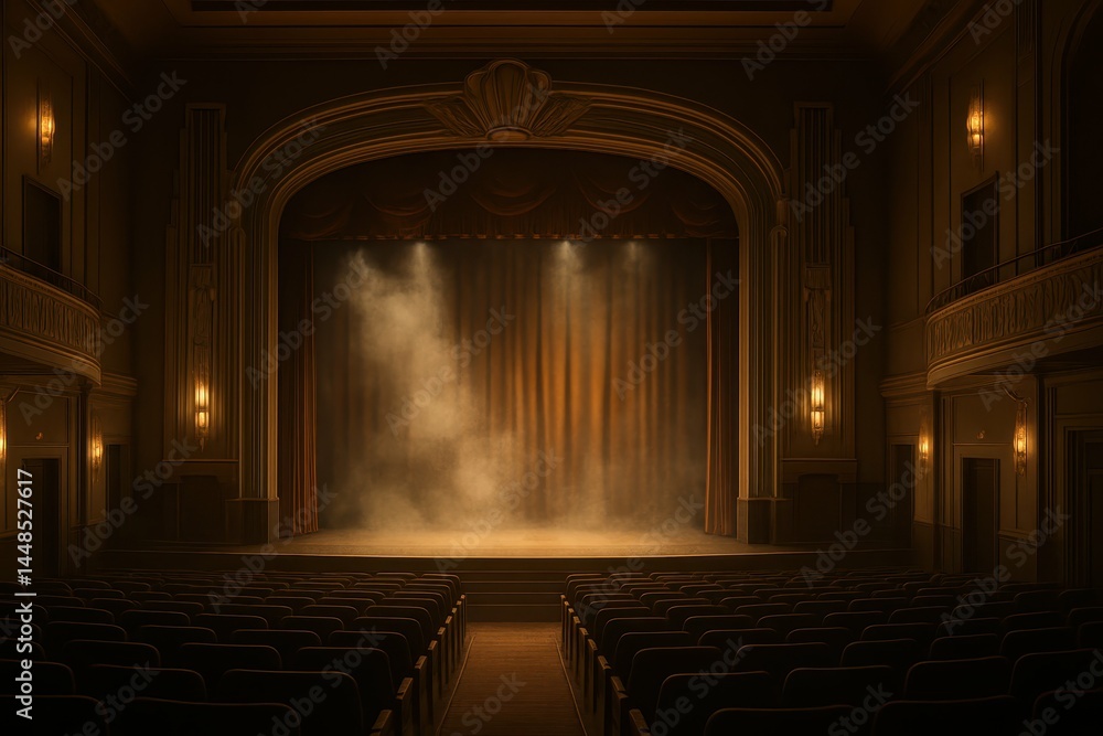 Elegant Art Deco Theater Interior with Dramatic Stage Lighting