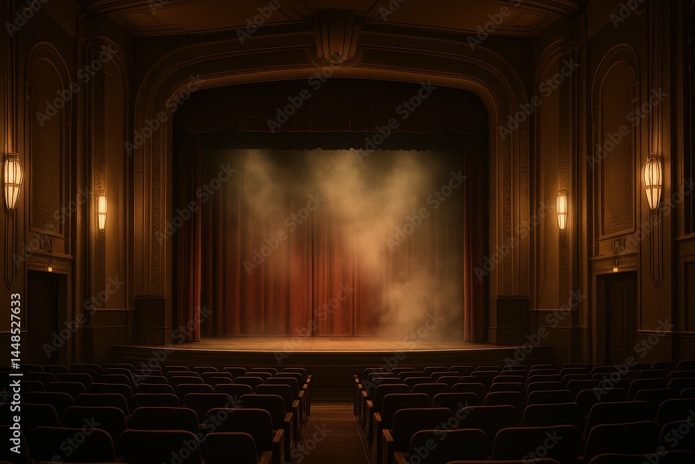 Serene Art Deco Theater Stage with Soft Lighting and Smoky Atmosphere
