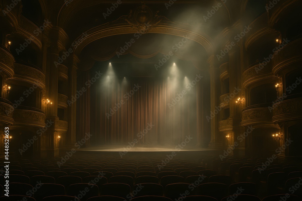 Ethereal Theater Stage with Dramatic Light and Velvet Curtains