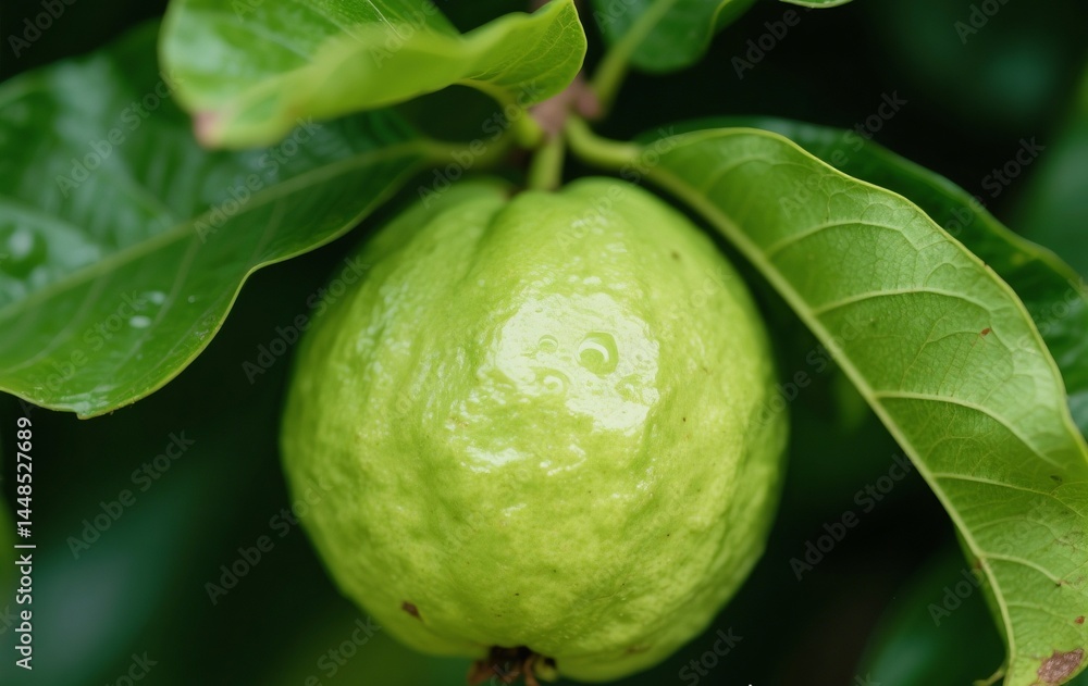 Fototapeta premium charming guava fruit with green leaves when the sun shines 