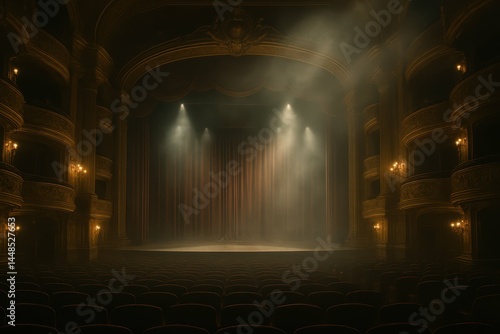 Ethereal Theater Stage with Dramatic Light and Velvet Curtains