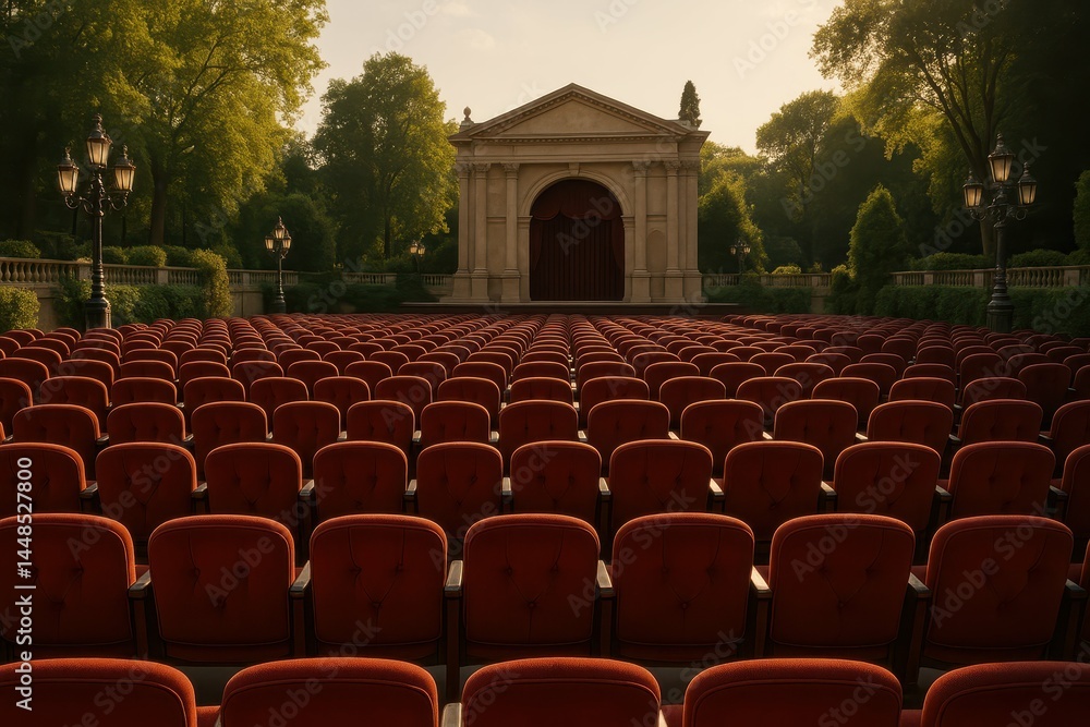 Grand Open Air Theater with Red Seats Surrounded by Lush Greenery